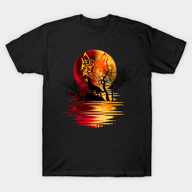 yellow red moon wolf 2 T-Shirt by medo art 1